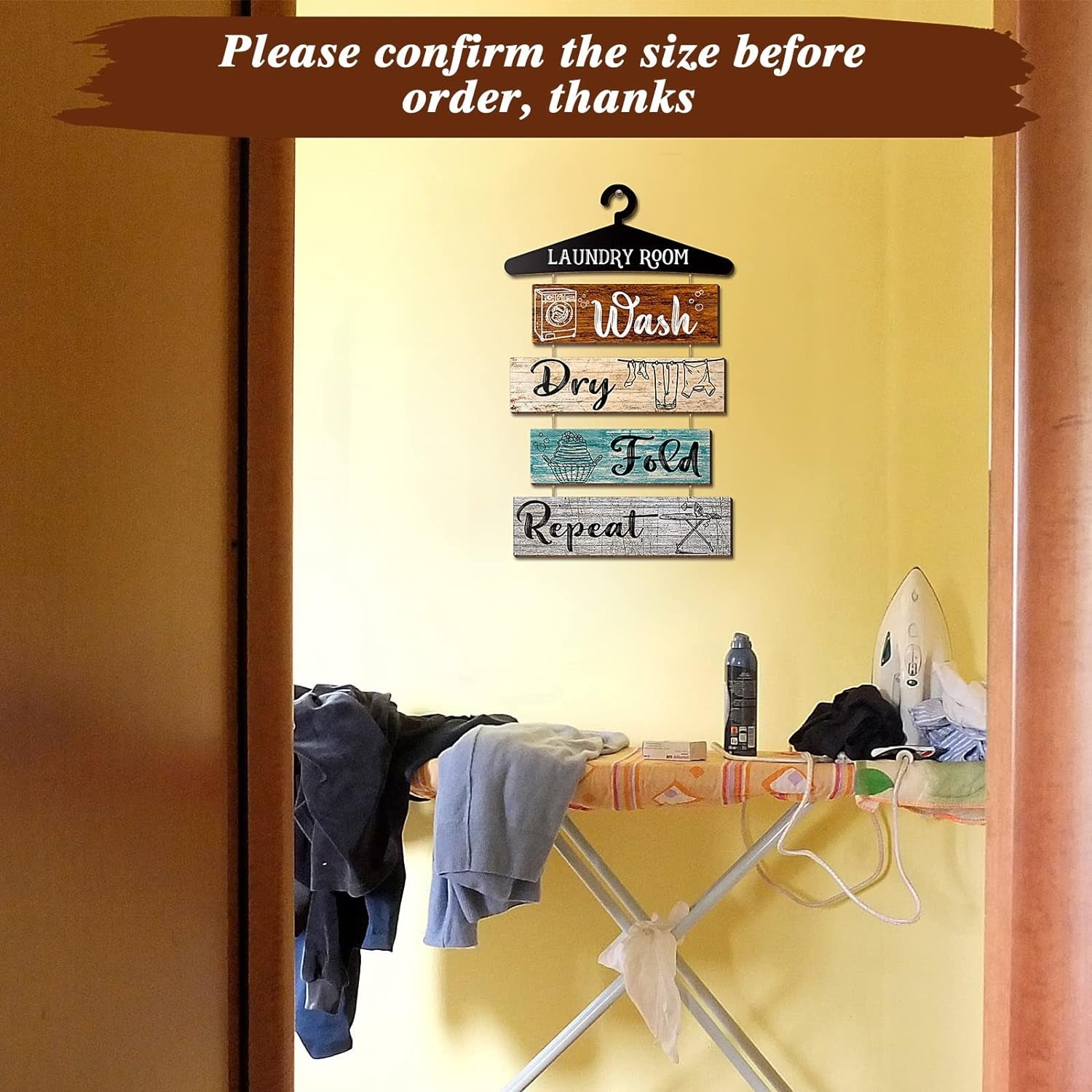 5 Pieces Laundry Room Wall Sign Rustic Laundry Room Rules Hanging Sign Wooden Wash Dry Fold Repeat Laundry Plaque Vintage Farmhouse Laundry Rules Wall Decor 19.7 X 11 Inch (Multicolored Backing)