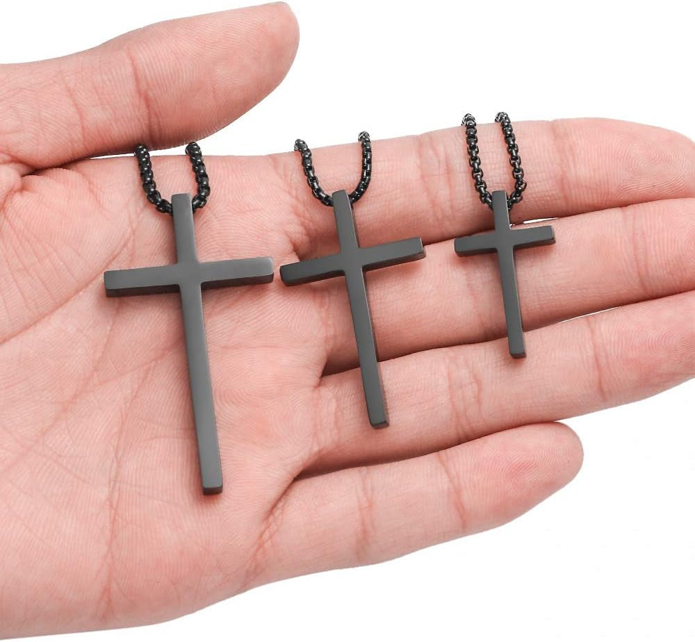 Valentines Gifts for Him Men Teen Boys -Cross Necklace for Men, Silver Black Gold Stainless Steel Plain Cross Pendant Necklace Box Chain 16-30 Inch